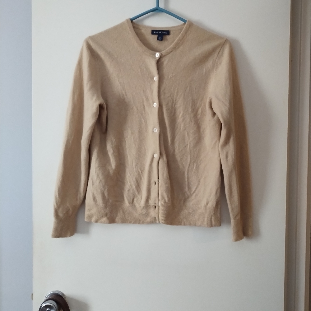 LANDS END 100% Cashmere Beige Crew Cardigan M